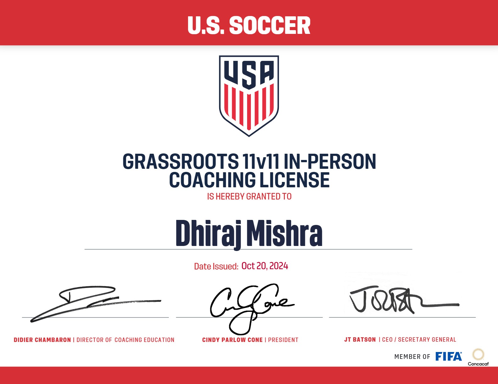 U.S. Soccer Grassroots 11v11 In-Person Coaching License, Dhiraj Mishra