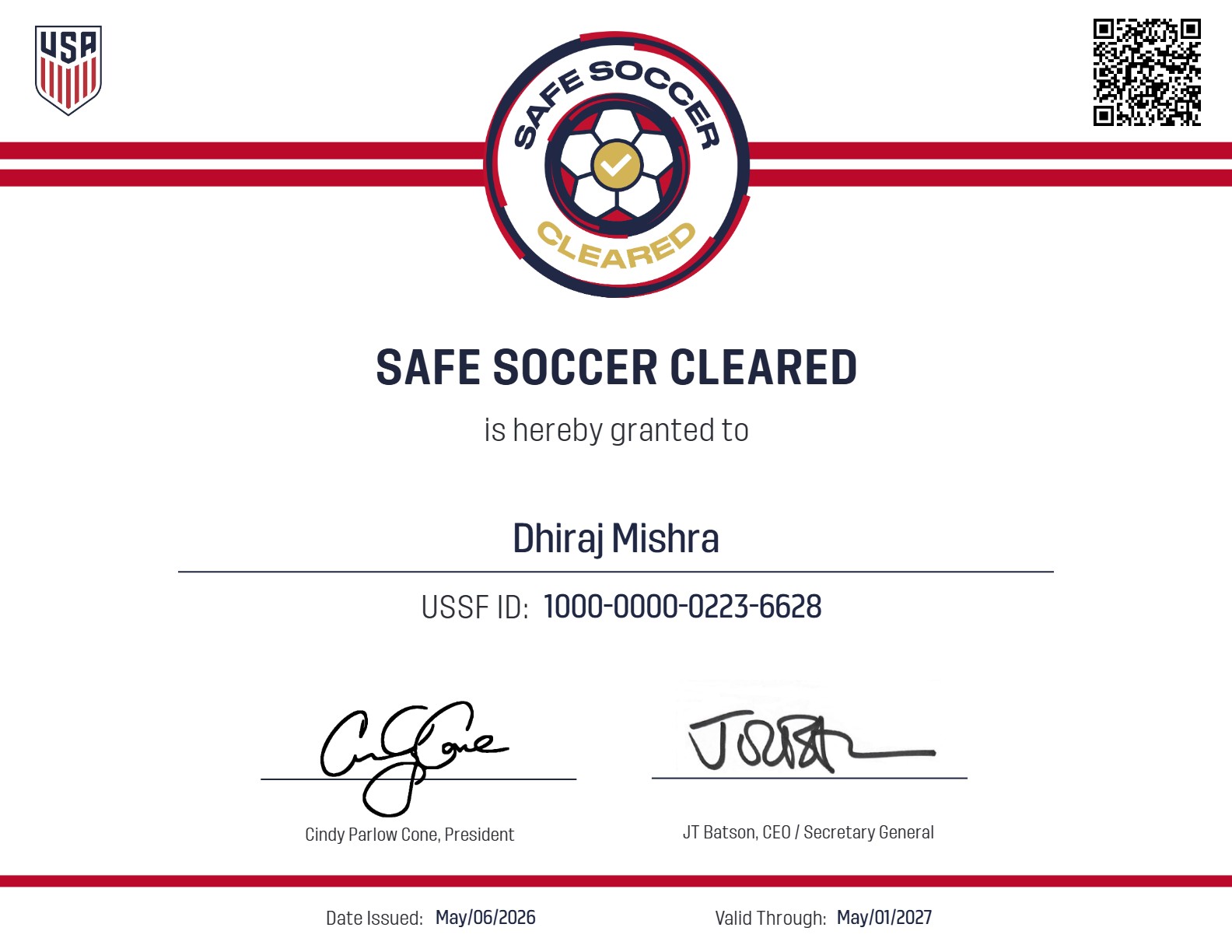 Safe Soccer Cleared certification, Dhiraj Mishra