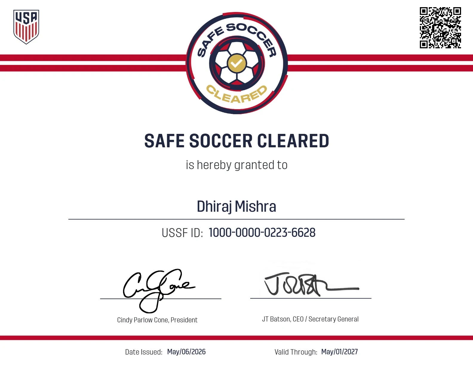 Safe Soccer Cleared certification, Dhiraj Mishra
